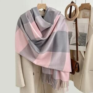 Luxurious Pink & Grey Plaid Oversized Scarf | Soft Blanket Shawl Wrap (200x65cm)